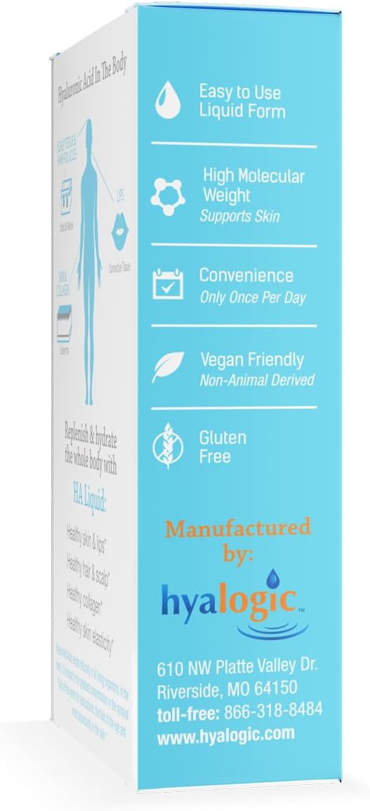 Hyalogic Vegan Friendly Hyaluronic Acid Liquid Supplement- Beauty from Within: Daily Skincare 30 ml. HA Dietary Supplement : Health & Household