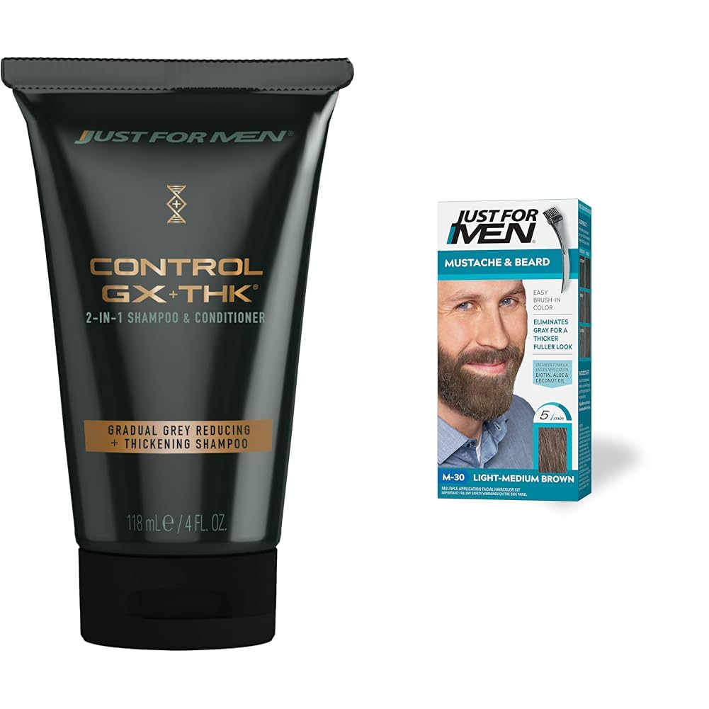 Just for Men Control GX + THK Grey Reducing and Thickening 2-in-1 Shampoo & Conditioner, 4 oz (Pack of 1) Mustache & Beard, Light-Medium Brown, M-30, Pack of 1 : Beauty & Personal Care