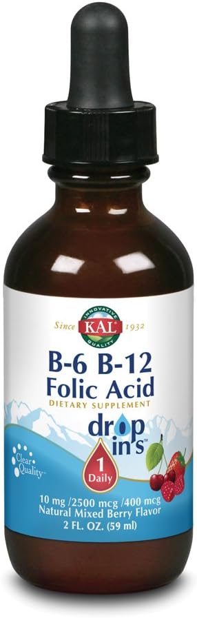 KAL Vitamin B-6 B-12 Folic Acid DropIns, Liquid Vitamin B Supplement Drops, Heart Health, Energy, Red Blood Cell Support with Methyl B12 and Methyl Folate, Natural Mixed Berry Flavor, 59 Servings, 2oz