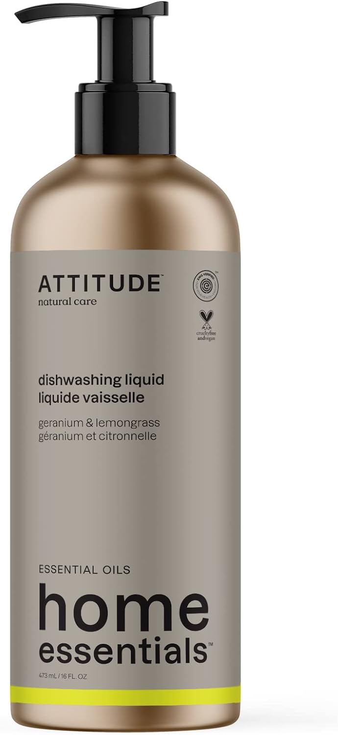 ATTITUDE Dish Soap, EWG Certified, Plant and Mineral-Based Ingredients, Vegan and Cruelty-free Household Products, Geranium and Lemongrass, Refillable Aluminum Bottle, 16 Fl Oz