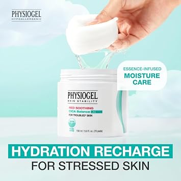 Physiogel Red Soothing Cica Balance Calming Toner Pad For Men & Women, Gentle Exfoliating & Skin Soothing, Cica, Bha Salicylic Acid, Niacinamide, For Sensitive & Acne Prone Skin - 70Pcs