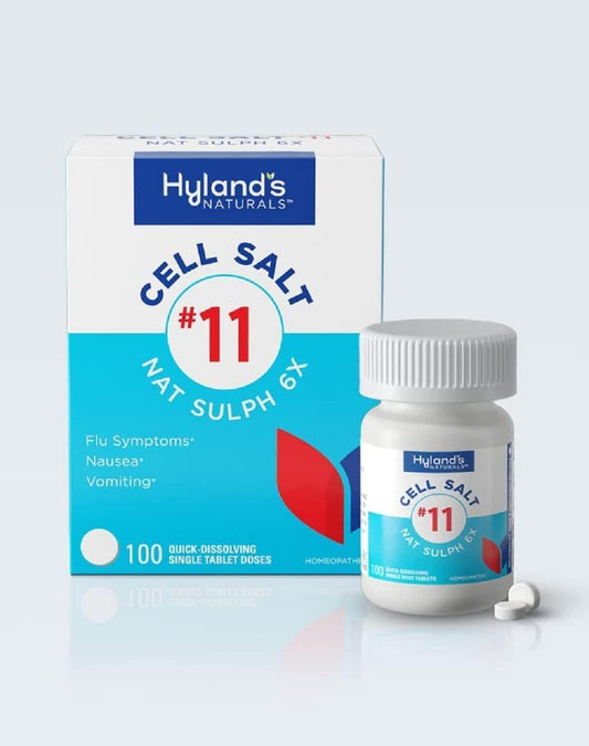 Bundle Of Hyland'S #11 Natrum Sulphuricum 6X Cold & Flu Medicine, Nausea Relief + #5 Cell Salt Kali Muriaticum 6X Sore Throat Relief, Natural Treatment Runny Nose, And Burns Cell Salts, 100 Count Each