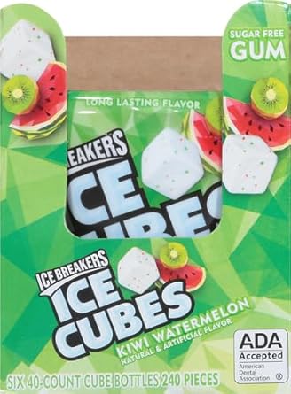 Ice Breakers Ice Cubes Kiwi Watermelon Sugar Free Chewing Gum Bottles, 3.24 Oz (6 Count, 40 Pieces)