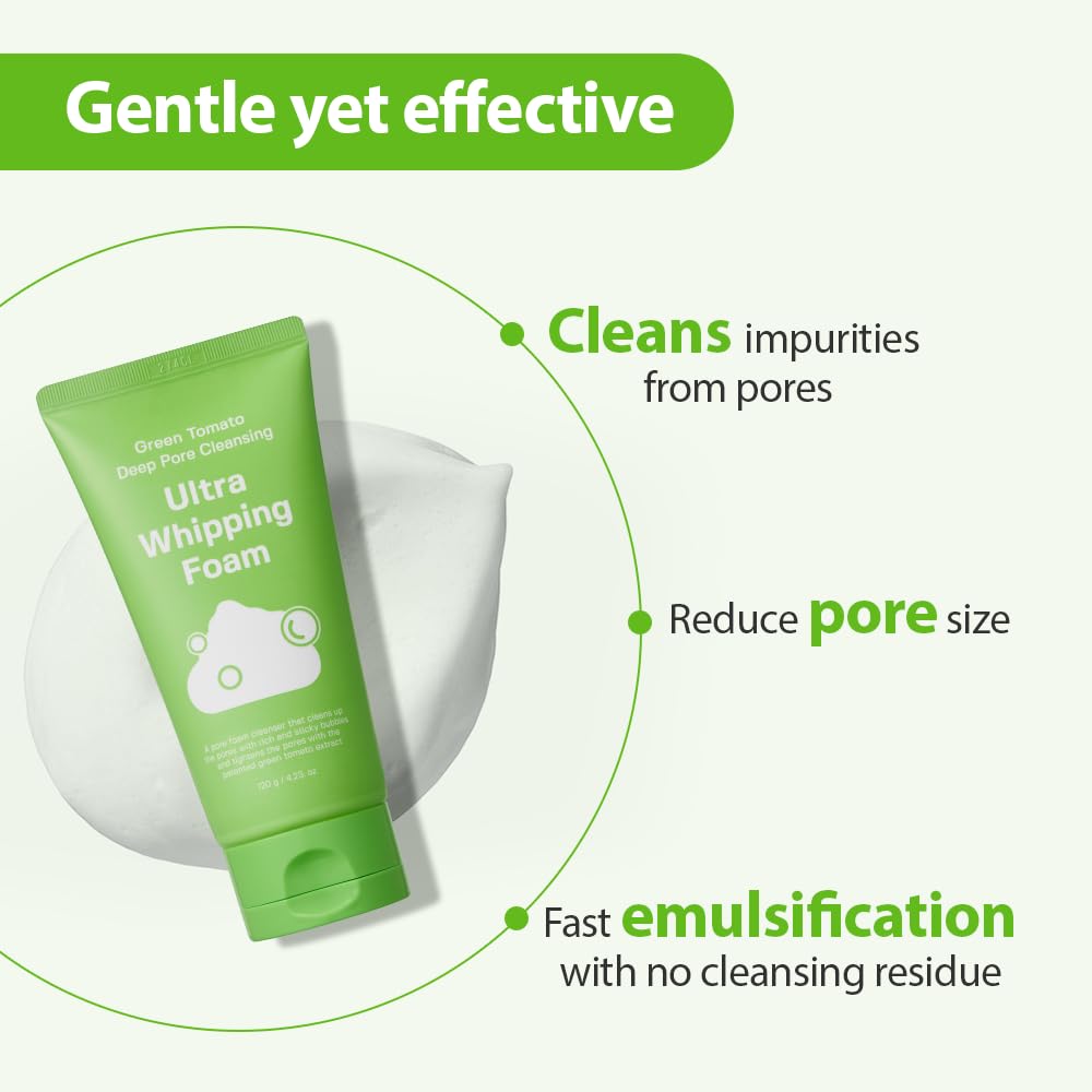 Sungboon Editor Green Tomato Deep Pore Cleansing Ultra Whipping Foam | Foaming Face Wash, Korean Cleanser For Oily Skin | Blackhead Remover And Pore Minimizer | Hydrating Korean Skin Care | 4.24 Oz