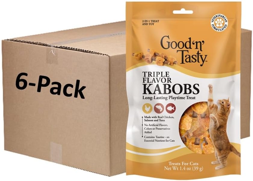 Good ‘N’ Tasty Triple Flavor Kabobs Cat Treat, 1.4 Ounce Bag, Long-Lasting Playtime Treat For Cats Made With Real Chicken, Salmon & Tuna, 6 Pack