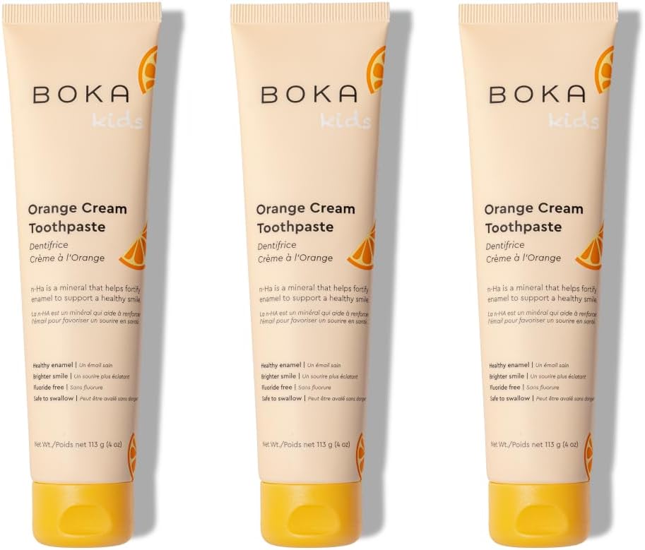 Boka Fluoride Free Toothpaste- Nano Hydroxyapatite, Remineralizing, Sensitive Teeth, Whitening- Dentist Recommended For Adult, Kids Oral Care- Orange Cream Flavor, 4Oz 3Pk