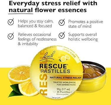 Rescue Bach Pastilles, Lemon Flavor, Natural Stress Relief Lozenges, Homeopathic Flower Essence, Vegetarian, Gluten And Sugar-Free, 6-Pack