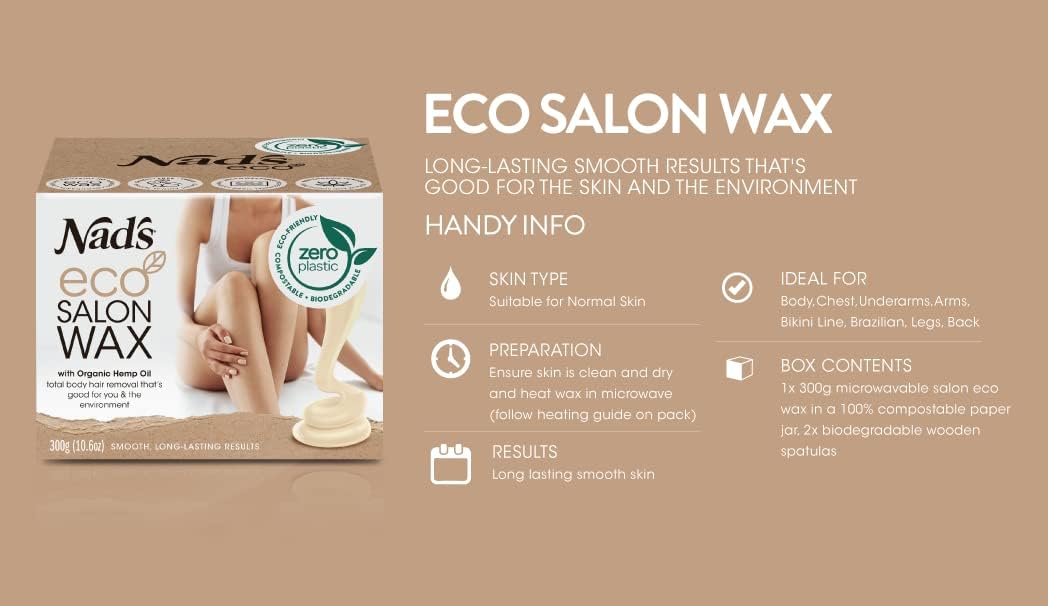 Nad's Eco Salon Wax Kit, Professional salon Quality Microwaveable Hard Stripless Wax, Plastic Free Vegan Wax, Includes 300g Eco Wax & 1 Wooden Spatula : Amazon.co.uk: Health & Personal Care