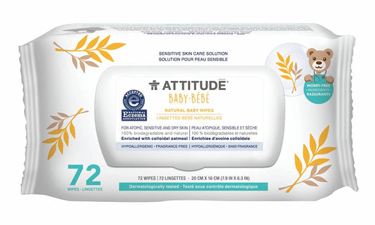 ATTITUDE Oatmeal Sensitive Natural Baby Care Wipes, Hypoallergenic, Vegan and Cruelty-Free, Unscented, 72 Wipes (Pack of 6)