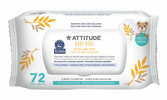 Attitude Oatmeal Sensitive Natural Baby Care Wipes, Vegan And Cruelty-Free, Unscented, 72 Wipes (Pack Of 6)