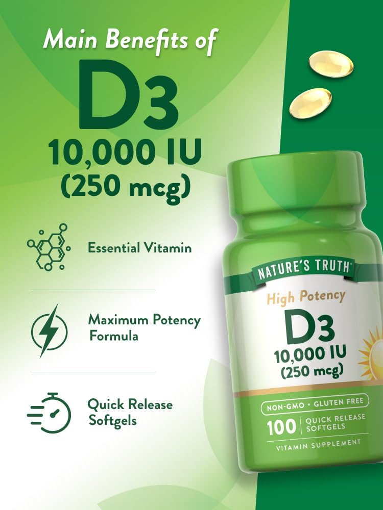 Nature's Truth Vitamin D3 10000 IU Softgels | 100 Count | High Potency Formula | Non-GMO and Gluten Free Supplement : Health & Household