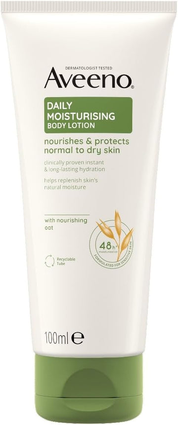 Aveeno Daily Moisturising Body Lotion Travel Pack (1 X 100 Ml), Long-Lasting Hydrating Body Lotion Enriched With Nourishing Colloidal Oatmeal, Gentle Body Moisturiser Suitable For Sensitive And Dry Skin