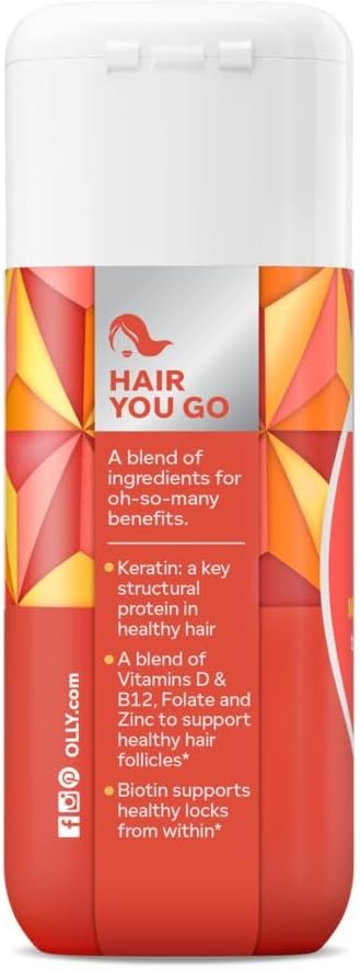 Olly Ultra Strength Hair Softgels, Supports Hair Health, Biotin, Keratin, Vitamin D, B12, Hair Supplement, 30 Day Supply - 30 Count (Packaging May Vary)