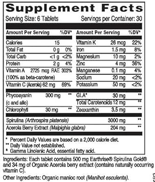 Earthrise Spirulina Gold Plus 500mg Tablet 180 counts, Natural Premium