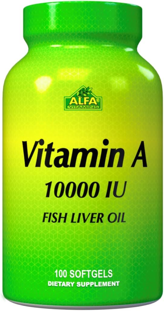 ALFA VITAMINS - Vitamin A - Fish Liver Oil 10,000 IU - Daily Dietary Supplement Helps Supports Vision, Skin and Immune System - 100 Softgels