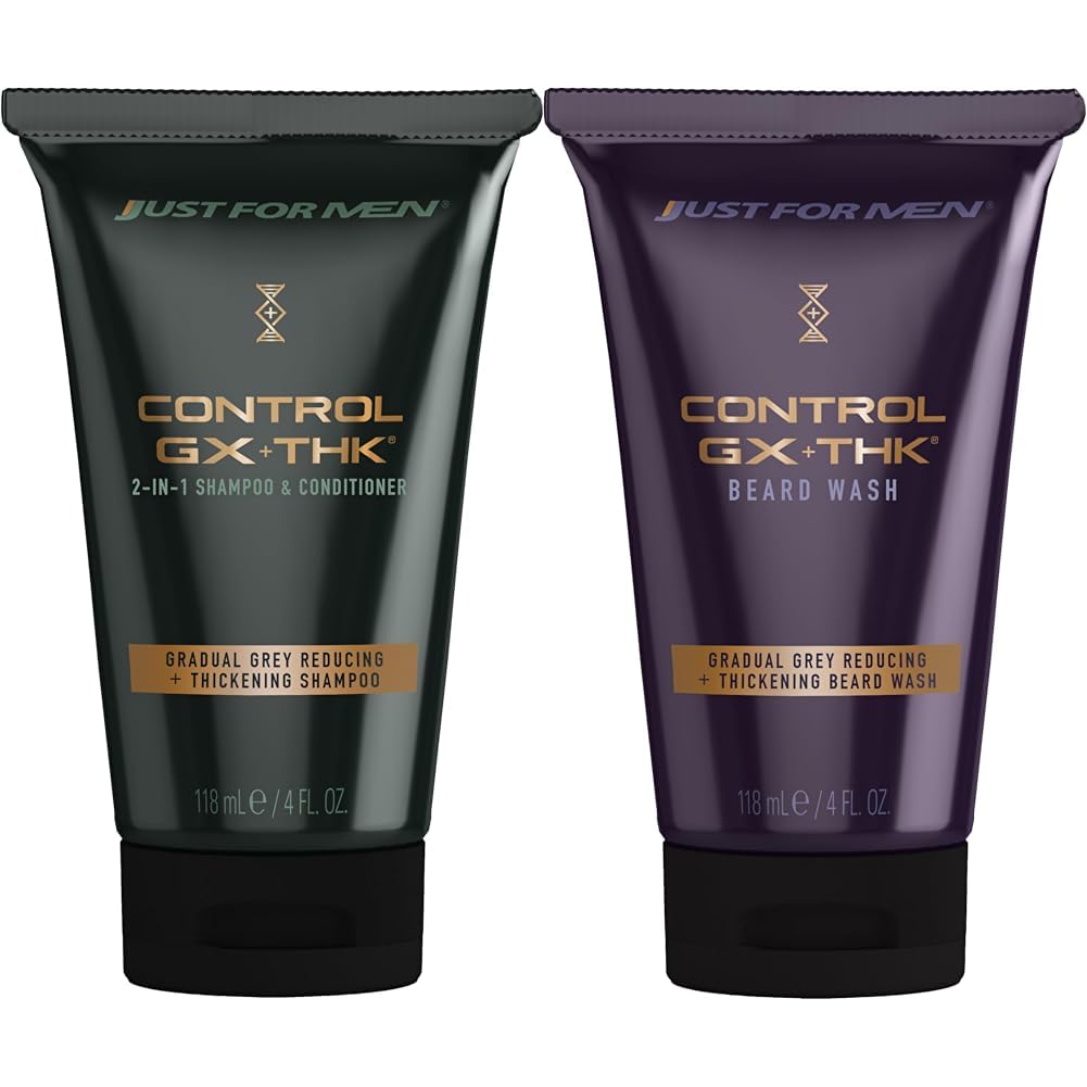 Just for Men Control GX + THK Grey Reducing and Thickening 2-in-1 Shampoo & Conditioner, 4 oz (Pack of 1) Control GX + THK Grey Reducing and Thickening Beard Wash, 4 oz (Pack of 1) : Beauty & Personal Care