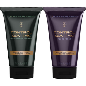 Just for Men Control GX + THK Grey Reducing and Thickening 2-in-1 Shampoo & Conditioner, 4 oz (Pack of 1) Control GX + THK Grey Reducing and Thickening Beard Wash, 4 oz (Pack of 1) : Beauty & Personal Care