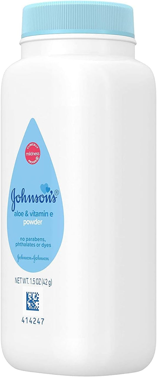 Johnson’s Baby Powder with Naturally Derived Cornstarch Aloe & Vitamin E, Hypoallergenic, 1.5 oz Trial Size - Pack of 24