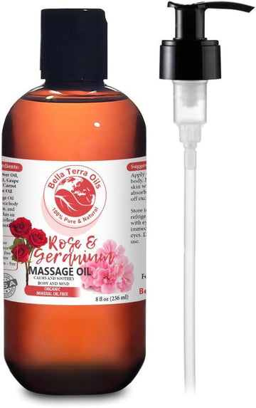 Rose and Geranium Massage Oil without Mineral Oil. 8 oz. Full Body Massage Therapy. Soothes Body and Mind. Made with Olive Oil, Sesame Oil, Sunflower Oil, Aloe Vera, Geranium Oil, Rose Oil