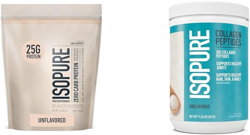 Bundle Of Isopure Unflavored Whey Protein Isolate, 25G Protein, Zero Carb, 16 Servings, 1 Pound (Packaging May Vary) + Collagen Peptides Powder, 14 Servings, Unflavored, With Vitamin C, With Biotin