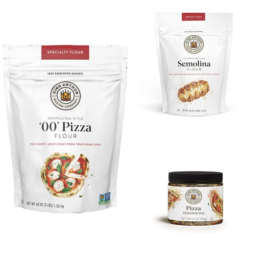 King Arthur Baking Company Ultimate Pizza Night Bundle, Contains One of Each: 00 Pizza Flour 3lb bag, Semolina Flour 3lb bag, Pizza Seasoning 3 Ounce Jar, Perfect for Homemade Pizza