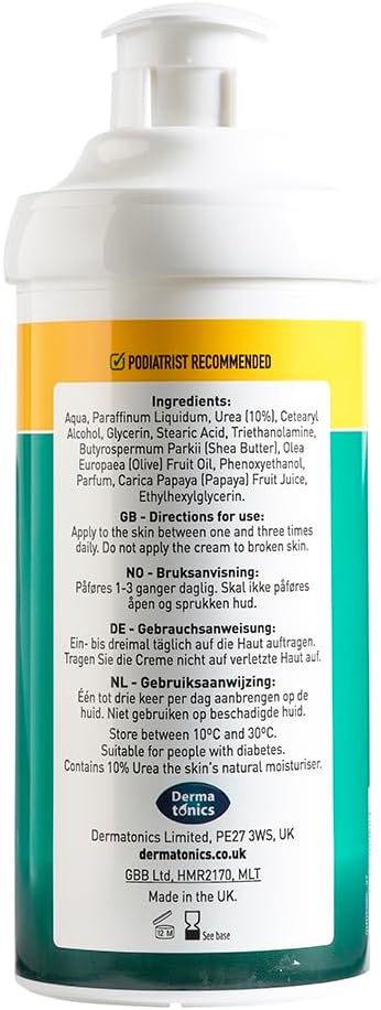 Dermatonics Natural Care Dry Skin Cream -Enriched With 10% Urea, Olive And Papaya Extracts, Long-Lasting Hydration And A Gentle Scent For Smooth, Supple Skin,Vegan-Friendly, 500 Ml