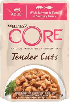 Wellness CORE Tender Cuts, Wet Cat Food, Cat Food Wet with Tender Pieces in Sauce, Grain Free, High Meat Content, Salmon & Tuna, 24 x 85 g?10663