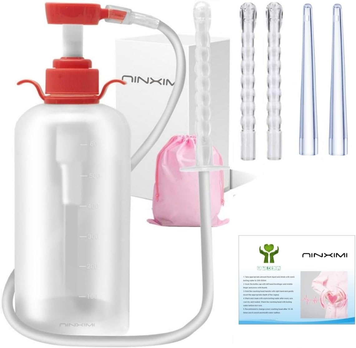 600ml Vaginal Cleaner- Enema Douche Vaginal Cleaning Kit, 5 Nozzltips-Reusable Manual Pressure Enema, Liquid Will Not Flow Back