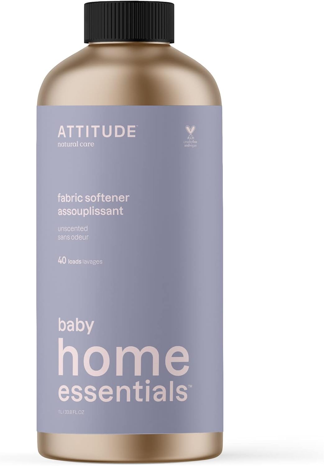 ATTITUDE Baby Laundry Fabric Softener Liquid, Vegan and Naturally Derived Detergent, Plant Based, HE Washing Machine Compatible, Refillable Aluminum Bottle, 40 Loads, Unscented, 33.8 Fl Oz