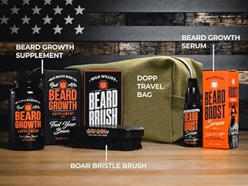 Wild Willies Beard Grooming Kit - Beard Growth Serum, Boar Bristle Brush, Supplement, And Travel Bag