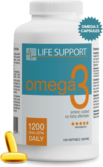 Life Support Omega 3: Enteric Coated. High Absorption. No Fishy Aftertaste. High EPA and DHA Omega 3 Essential Fatty Acids Support Heart, Brain, Joints and Immune System. Easy To Swallow (150 Count)