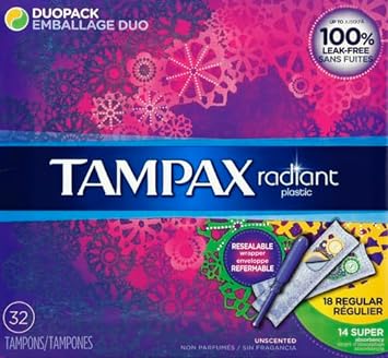 Tampax Radiant Tampons, Regular/Super Absorbency DuoPack, Unscented, 28 Count