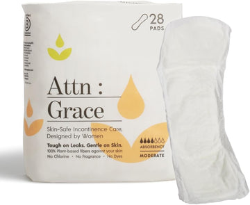 Attn: Grace Moderate Incontinence Pads For Women (28-Pack) - Discreet High Absorbency Sensitive Skin Protection - Medium Bladder Leaks Or Postpartum - 100% Breathable And Plant-Based