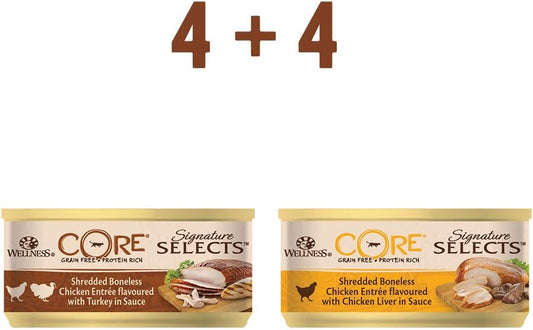 Wellness CORE Signature Selects, Wet Cat Food, Cat Food Wet In Sauce, Grain Free Cat Food, High Meat Content, Shredded Selection Mix, 8 X 79 G?10640