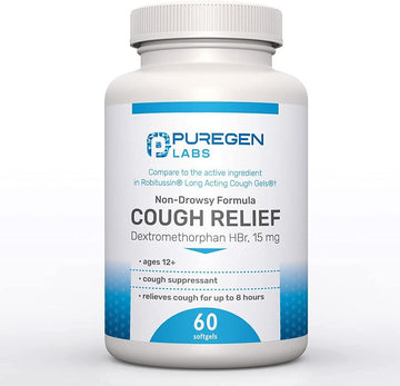 P Puregen Labs Cough Relief for Adults Dextromethorphan HBr 15mg (60 Softgels) 8-Hour, Non-Drowsy, Long-Lasting Bronchial Suppressant |Ages 12+ | Compare to Robafen and Robitussin
