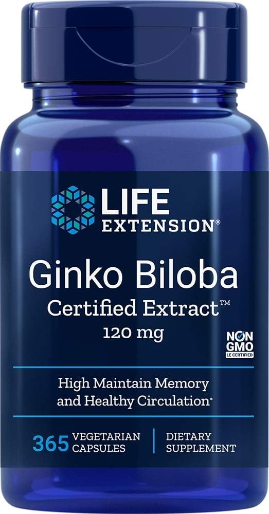 Life Extension Ginkgo Biloba Certified Extract™, 120 Mg, Helps Maintain Memory & Cognition, Gluten-Free, Non-Gmo, Vegetarian, 365 Capsules