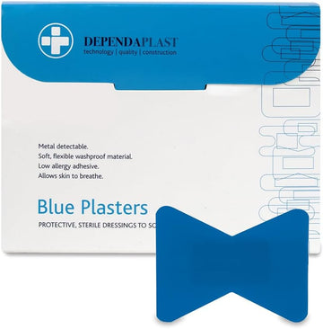 Dependaplast Food Area Blue Plasters With High Visibility And Metal Detection Properties, Easily Detectable, Individually Wrapped - Fingertip Box Of 50