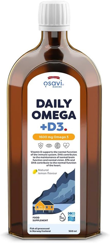 Osavi Daily Omega + D3 – 500 Ml | 1600 Mg Omega–3 Per Serving | Supports Heart Health, Brain Function, Vision, And Immune System | Includes 2000 Iu Vitamin D | Natural Lemon Flavour | Made In Norway