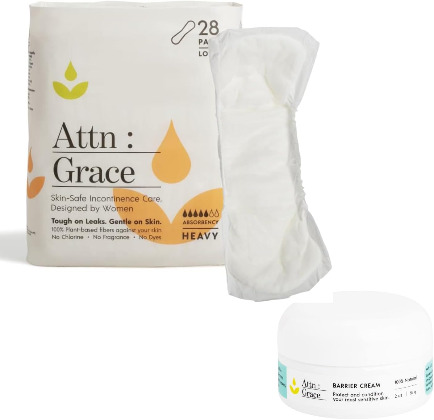 Attn: Grace Heavy Incontinence Pads (28 Pack) & Barrier Cream Combo For Women - Heavy Absorbency | Postpartum Support, Sensitive Skin-Friendly, Breathable, Plant-Based