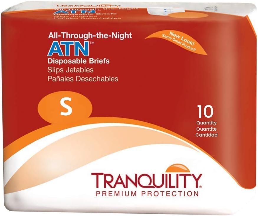 Tranquility Atn Adult Disposable Briefs With All-Through-The-Night Protection, S (24"-32") - 10 Ct