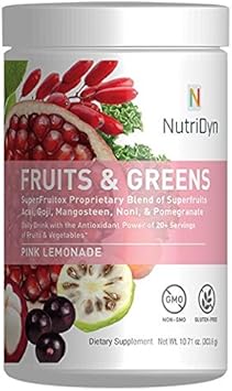 Nutridyn Fruit & Greens Super Food Antioxidant Supplement, Certified Organic, Gluten-Free And Non-Gmo Super Fruit/Vegetable (Pink Lemonade)