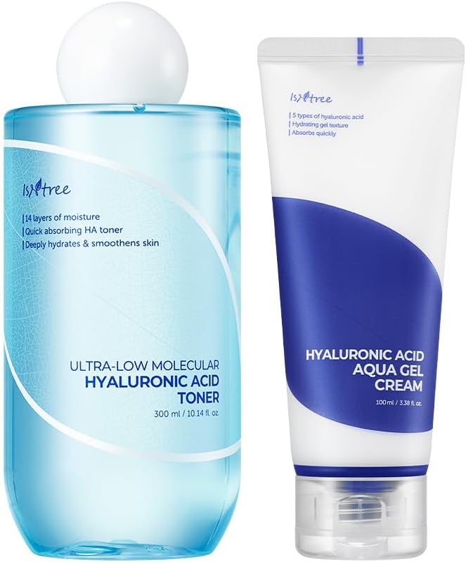 Isntree Ultra-Low Molecular Hyaluronic Acid Toner 300Ml, 10.14 Fl Oz + Hyaluronic Acid Aqua Gel Cream 100Ml, 3.38 Fl Oz