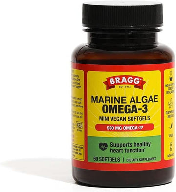 Bragg Vegan Omega 3 Supplement – Sustainably Sourced Marine Algae – Helps Support Brain, Eye & Heart Health - Includes Epa & Dha Fatty Acids – Non-Gmo - 60 Softgels