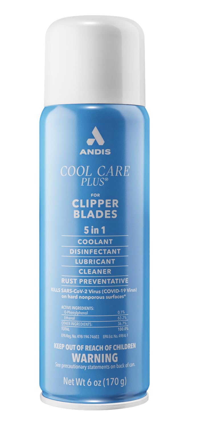 Andis 12556 Cool Care Plus 5-In-1 Clipper Blade Spray - Professional Grooming Tool With Easy Cleaning, Cooling, Disinfecting, Lubricating, And Rust Prevention – All Hairs Type, 6 Oz – Blue