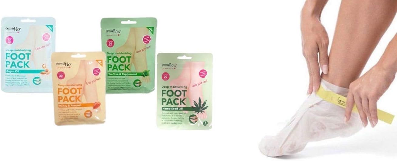 Derma V10 Foot Pack Mask (4 Pack) Deep Moisturising Tea Tree And Peppermint Oil, Honey And Almond Oil Moroccan Argan Oil & Hemp Seed Oil (Tea Tree And Peppermint Oil)
