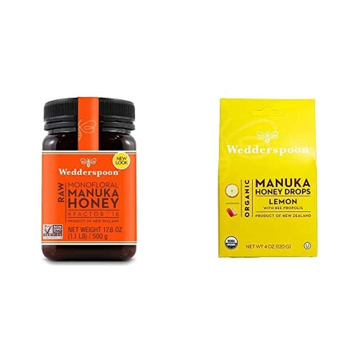 Wedderspoon Raw Premium Manuka Honey KFactor 16+ & Wedderspoon Organic Manuka Honey Drops, Lemon + Bee Propolis, Unpasteurized, Perfect Remedy For Dry Throats : Grocery & Gourmet Food