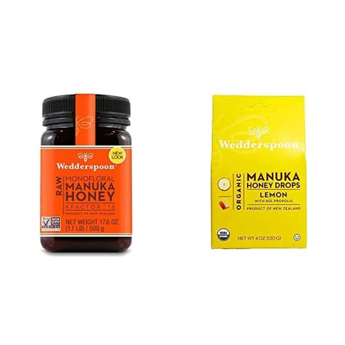 Wedderspoon Raw Premium Manuka Honey Kfactor 16+ & Wedderspoon Organic Manuka Honey Drops, Lemon + Bee Propolis, Unpasteurized, Perfect Remedy For Dry Throats