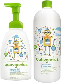 LuxProdX Baby ganics 16 Ounce Dish Dazzler Foaming Dish and Bottle Soap with Refill Kit BUNDLED with Two (2) Bottle Brushes BONUS