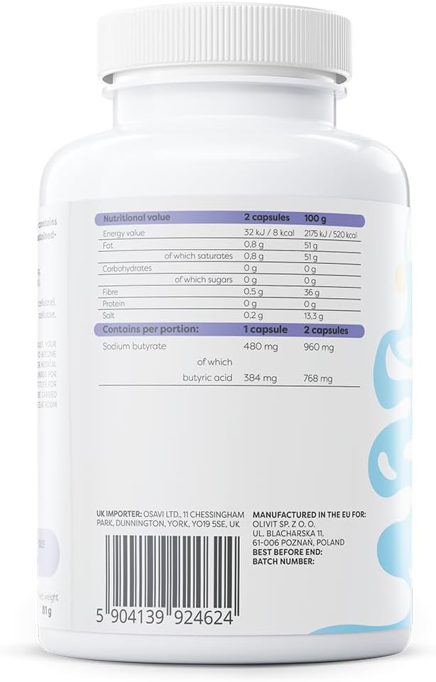 Osavi Sodium Butyrate Sr 960 Mg – 120 Vegan Capsules | Microencapsulated Sustained–Release Sodium Butyrate | High Butyric Acid Content | Tasteless & Odourless | Vegan, Gluten–Free, Soy–Free, Gmo–Free