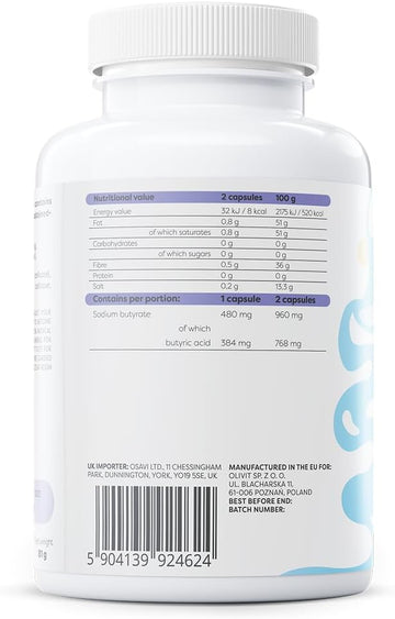 Osavi Sodium Butyrate Sr 960 Mg – 120 Vegan Capsules | Microencapsulated Sustained–Release Sodium Butyrate | High Butyric Acid Content | Tasteless & Odourless | Vegan, Gluten–Free, Soy–Free, Gmo–Free